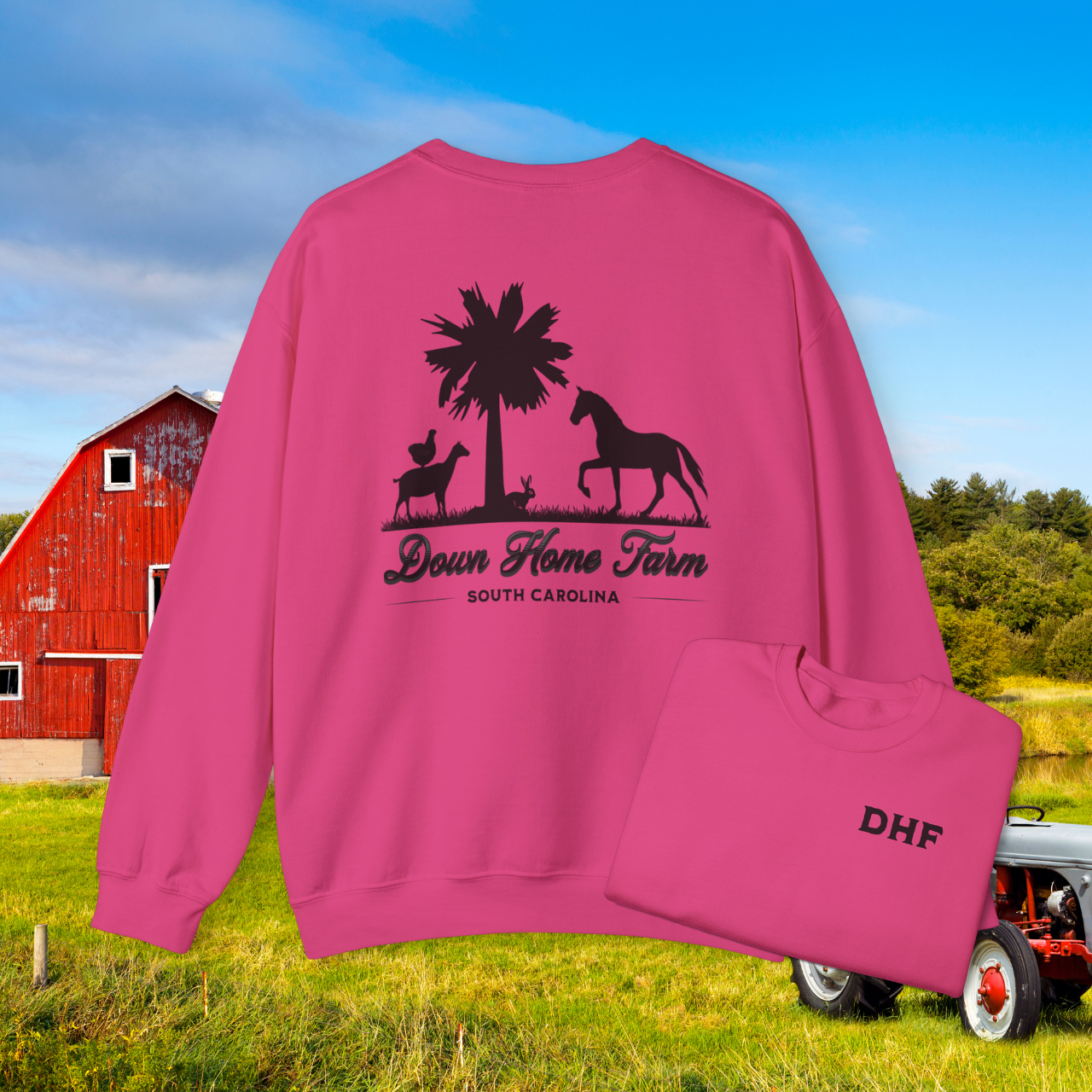 Down Home Farm South Carolina Crewneck Sweatshirt, Rustic Farm Logo Pullover, Palmetto Tree and Animal Silhouette Design, Cozy Country Apparel, DHF Sweater