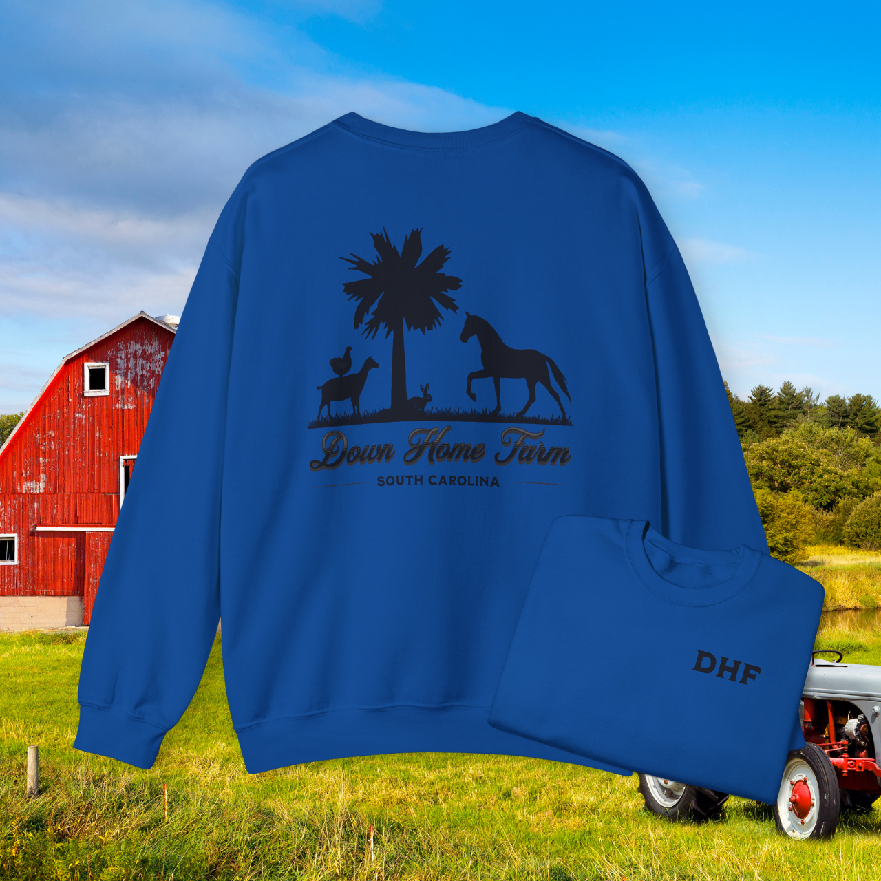 Down Home Farm South Carolina Crewneck Sweatshirt, Rustic Farm Logo Pullover, Palmetto Tree and Animal Silhouette Design, Cozy Country Apparel, DHF Sweater