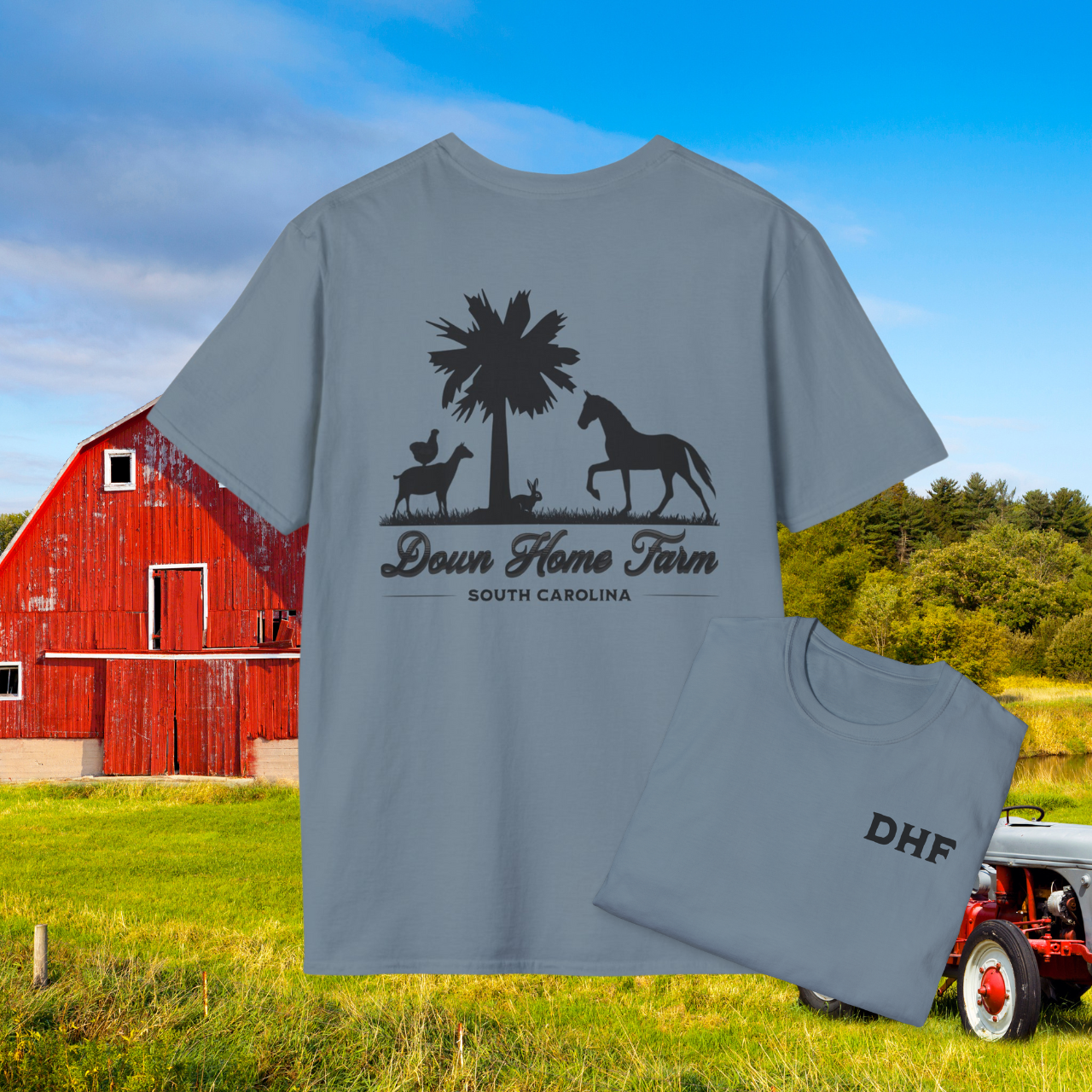 Down Home Farm South Carolina T-Shirt, Rustic Farm Logo Tee, Palmetto Tree and Animal Silhouette Design, Country Life Apparel, DHF Shirt