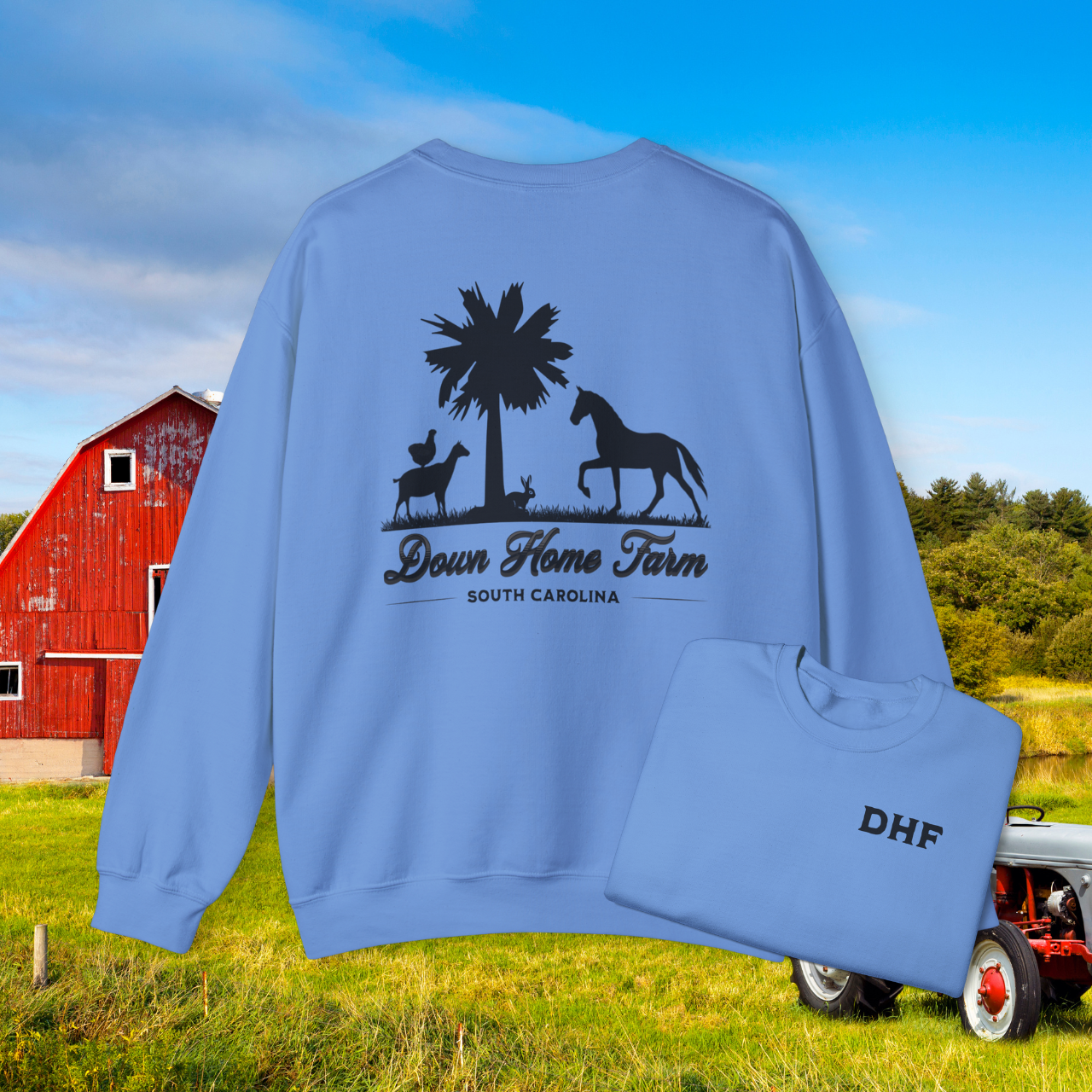 Down Home Farm South Carolina Crewneck Sweatshirt, Rustic Farm Logo Pullover, Palmetto Tree and Animal Silhouette Design, Cozy Country Apparel, DHF Sweater