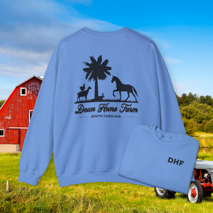 Down Home Farm South Carolina Crewneck Sweatshirt, Rustic Farm Logo Pullover, Palmetto Tree and Animal Silhouette Design, Cozy Country Apparel, DHF Sweater