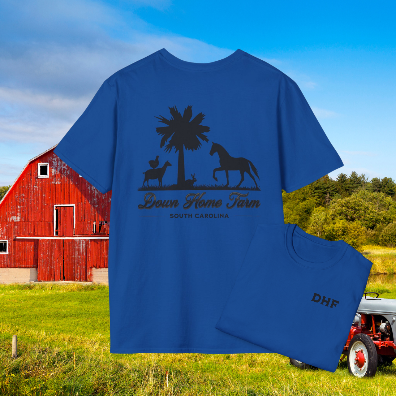 Down Home Farm South Carolina T-Shirt, Rustic Farm Logo Tee, Palmetto Tree and Animal Silhouette Design, Country Life Apparel, DHF Shirt