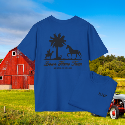 Down Home Farm South Carolina T-Shirt, Rustic Farm Logo Tee, Palmetto Tree and Animal Silhouette Design, Country Life Apparel, DHF Shirt