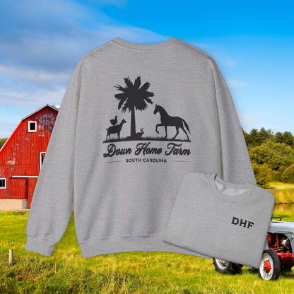 Down Home Farm South Carolina Crewneck Sweatshirt, Rustic Farm Logo Pullover, Palmetto Tree and Animal Silhouette Design, Cozy Country Apparel, DHF Sweater