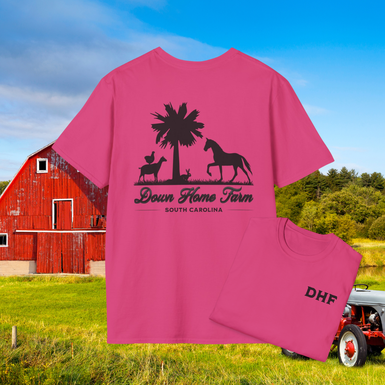 Down Home Farm South Carolina T-Shirt, Rustic Farm Logo Tee, Palmetto Tree and Animal Silhouette Design, Country Life Apparel, DHF Shirt