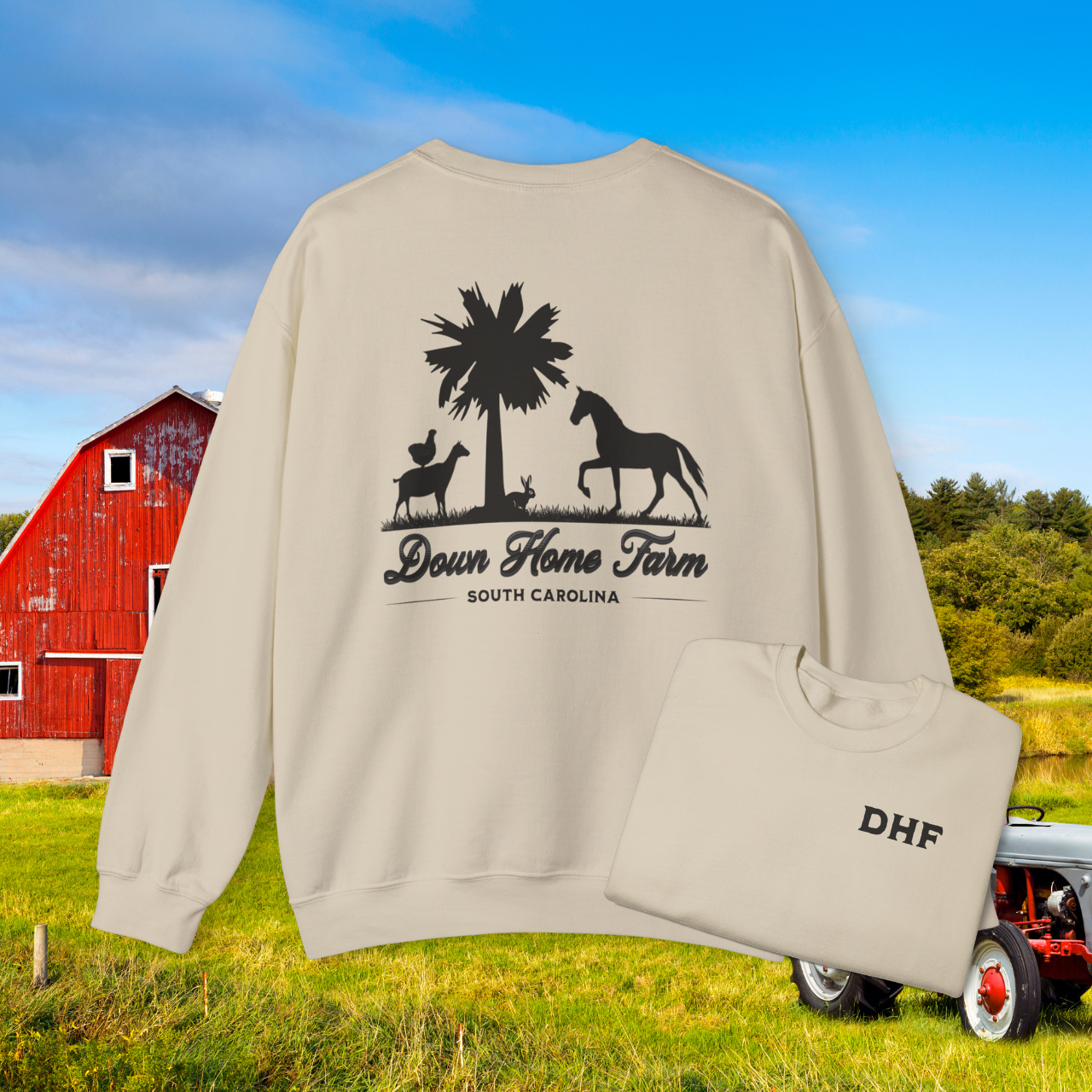 Down Home Farm South Carolina Crewneck Sweatshirt, Rustic Farm Logo Pullover, Palmetto Tree and Animal Silhouette Design, Cozy Country Apparel, DHF Sweater