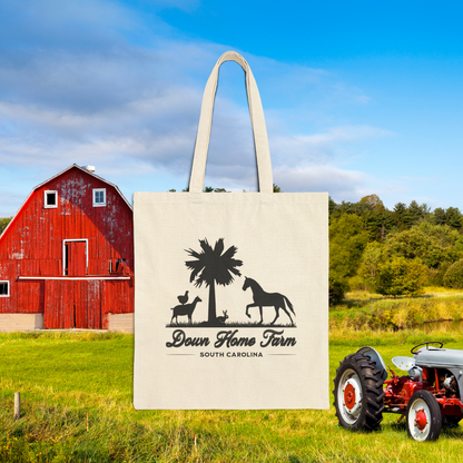 Down Home Farm South Carolina Tote Bag, Rustic Farm Logo Canvas Bag, Palmetto Tree and Animal Silhouette Design, Reusable Country Market Bag