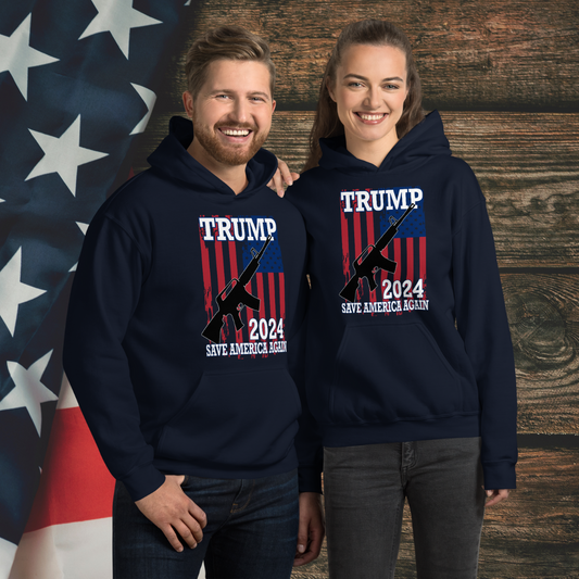 Trump 2024 Hoodie: Stay warm while showing your support for 'Saving America Again.' Featuring a bold design with patriotic flair, perfect for any Trump supporter! Hooded Sweatshirt