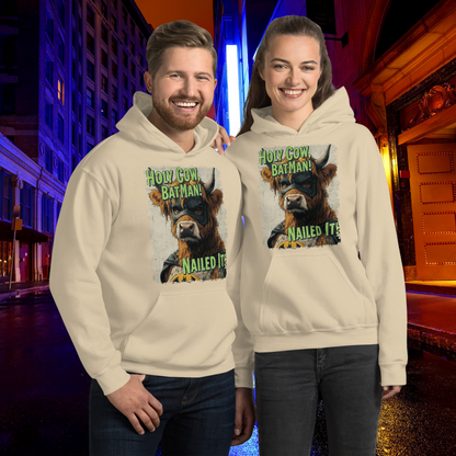 Holy Cow Batman Hoodie, Funny Highland Cow Sweatshirt, Nailed It Graphic Pullover, Western Comic Style Hoodie, Unique Cow Lover Gift Hooded Sweatshirt