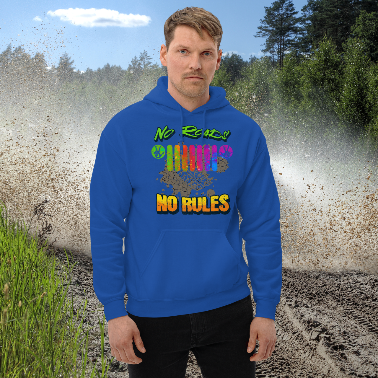 No Roads No Rules Hoodie - Off-Road Adventure Sweatshirt - Colorful Tire Track Design for Outdoor Enthusiasts