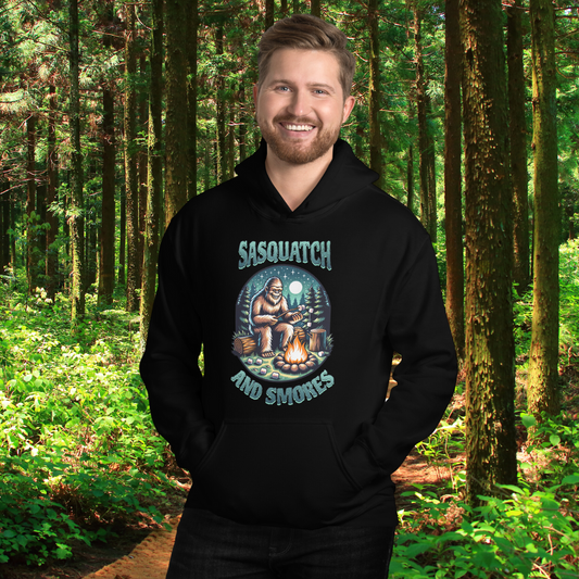 Sasquatch and S'mores Hoodie, Bigfoot Campfire Sweatshirt, Funny Outdoor Camping Apparel, Nature Lover's Gift, Cozy Campfire Hooded Sweatshirt