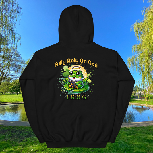 Fully Rely On God Hoodie, F.R.O.G. Christian Graphic Pullover, Cute Frog Faith-Based Sweatshirt, Inspirational Religious Apparel Hooded Sweatshirt