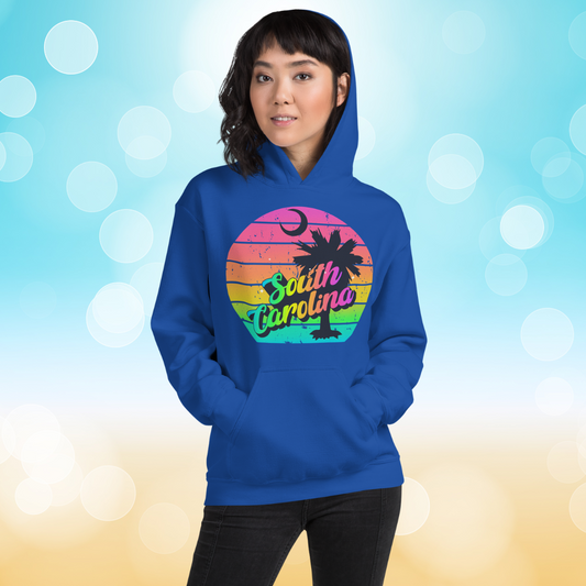 South Carolina Hoodie, Retro Rainbow Palm Tree Design, Colorful SC Crescent Moon Sweatshirt, Vibrant Carolina Pride Pullover, Travel Souvenir Gift Hooded Sweatshirt