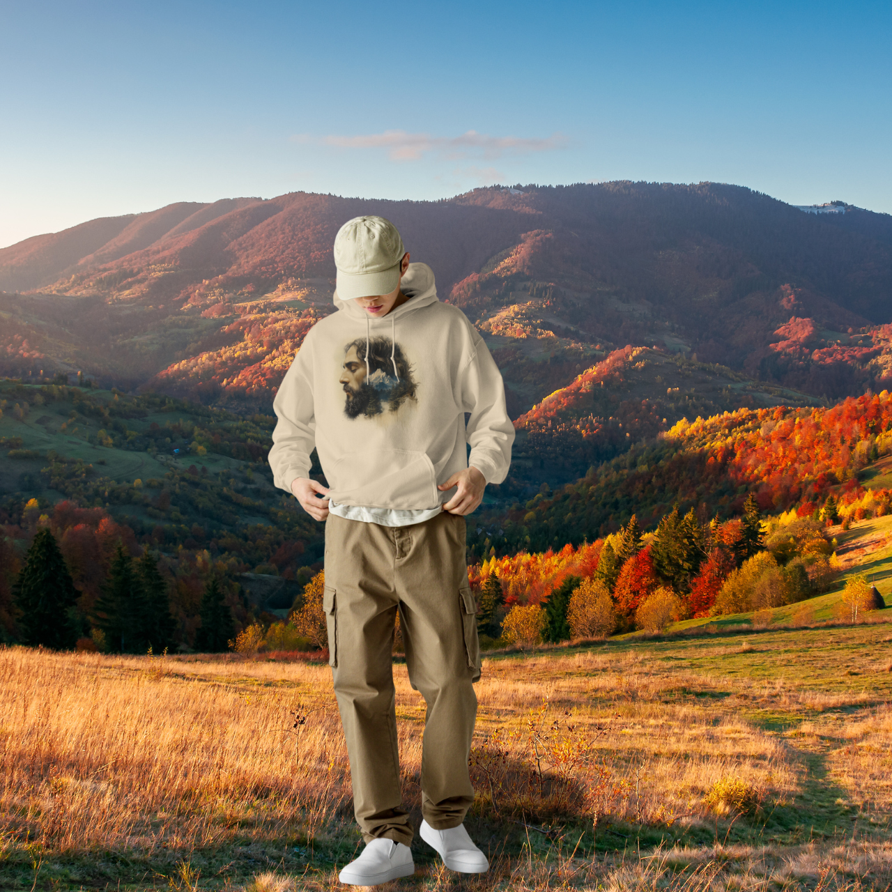 Jesus Mountain Reflection Hoodie, Christian Faith Sweatshirt, Watercolor Art, Nature and Spirituality Gift, Religious Apparel Hooded Sweatshirt