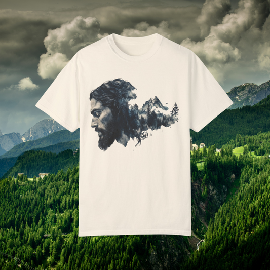 Jesus Mountain Landscape Tee, Faithful Outdoors T-Shirt, Christian Nature Lover Gift, Inspirational Wilderness Shirt, Religious Scenic Design