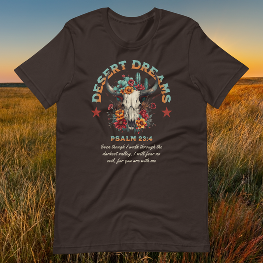 Desert Dreams Psalm 23:4 T-Shirt, Western Christian Graphic Tee, Floral Cow Skull Design, Faith and Country Style Shirt