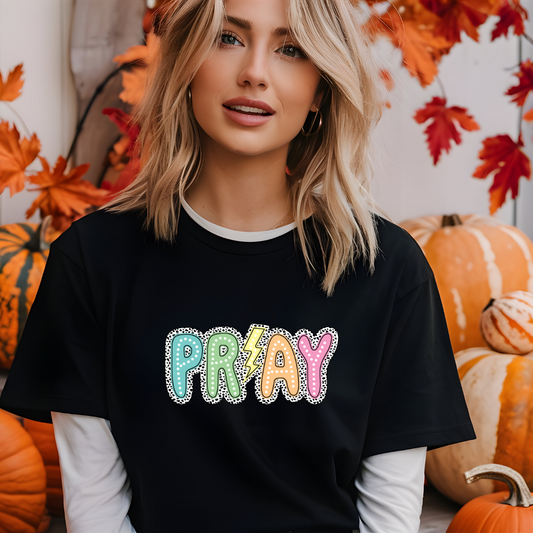 Pray Graphic T-Shirt, Christian Lightning Bolt Tee, Colorful Faith Shirt, Inspirational Religious T-Shirt, Spiritual Gift for Her