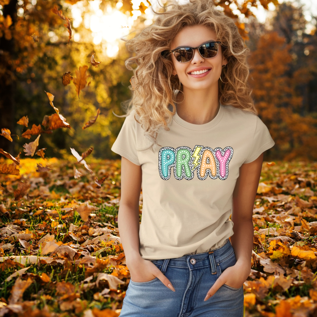 Pray Graphic T-Shirt, Christian Lightning Bolt Tee, Colorful Faith Shirt, Inspirational Religious T-Shirt, Spiritual Gift for Her