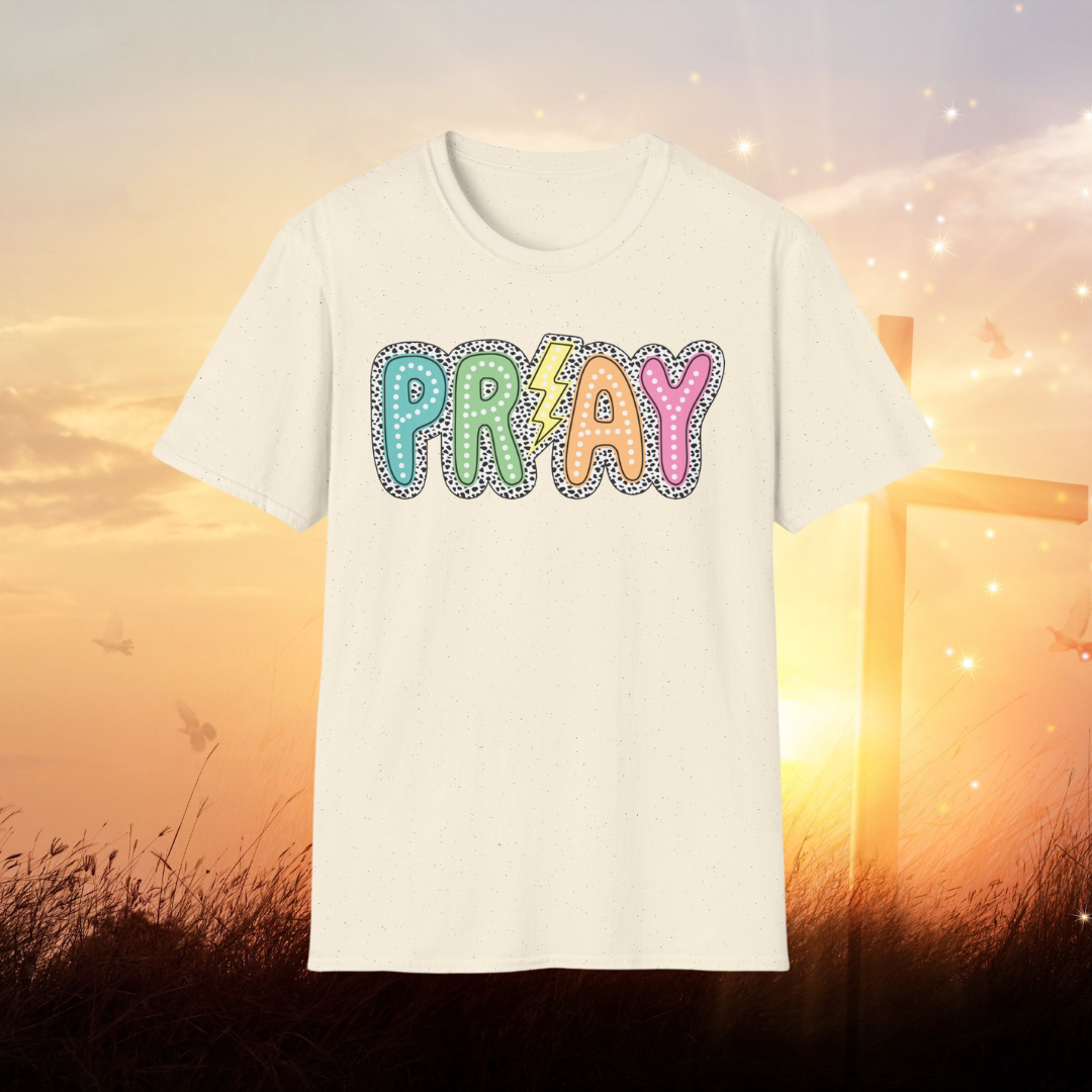 Pray Graphic T-Shirt, Christian Lightning Bolt Tee, Colorful Faith Shirt, Inspirational Religious T-Shirt, Spiritual Gift for Her