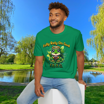 Fully Rely On God T-Shirt, F.R.O.G. Christian Graphic Tee, Cute Frog Faith-Inspired Shirt, Inspirational Religious Apparel