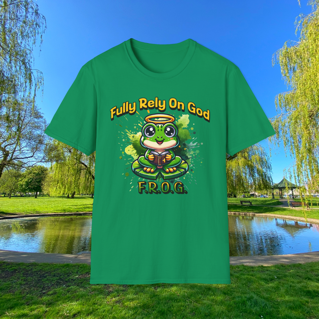 Fully Rely On God T-Shirt, F.R.O.G. Christian Graphic Tee, Cute Frog Faith-Inspired Shirt, Inspirational Religious Apparel