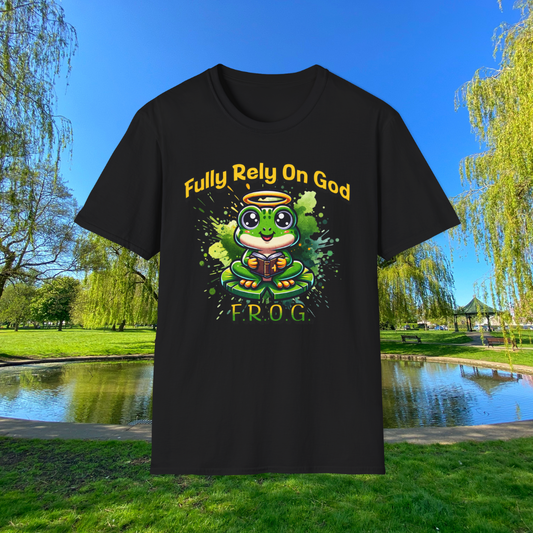 Fully Rely On God T-Shirt, F.R.O.G. Christian Graphic Tee, Cute Frog Faith-Inspired Shirt, Inspirational Religious Apparel