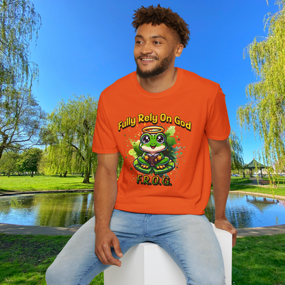 Fully Rely On God T-Shirt, F.R.O.G. Christian Graphic Tee, Cute Frog Faith-Inspired Shirt, Inspirational Religious Apparel