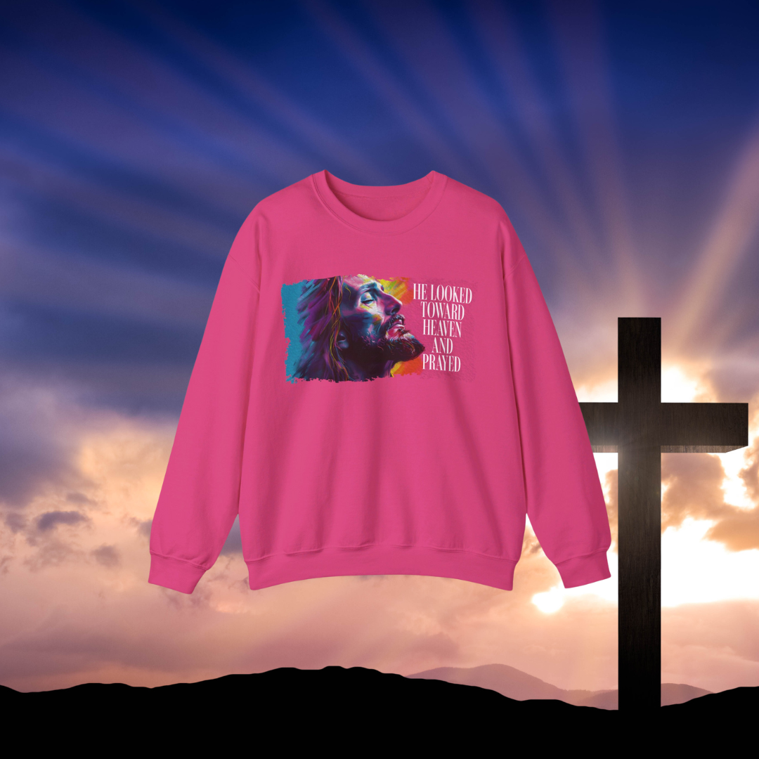 He Looked Toward Heaven Sweatshirt, Jesus Inspirational Crewneck, Faith-Based Christian Apparel, Colorful Prayer Art Sweatshirt, Religious Gift