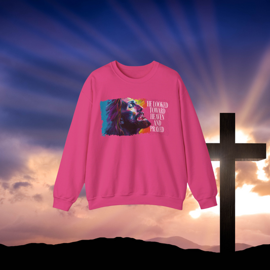 He Looked Toward Heaven Sweatshirt, Jesus Inspirational Crewneck, Faith-Based Christian Apparel, Colorful Prayer Art Sweatshirt, Religious Gift