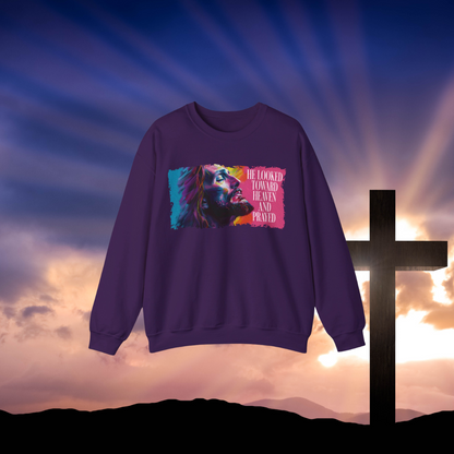 He Looked Toward Heaven Sweatshirt, Jesus Inspirational Crewneck, Faith-Based Christian Apparel, Colorful Prayer Art Sweatshirt, Religious Gift