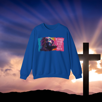 He Looked Toward Heaven Sweatshirt, Jesus Inspirational Crewneck, Faith-Based Christian Apparel, Colorful Prayer Art Sweatshirt, Religious Gift