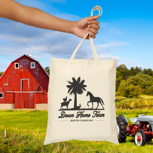 Down Home Farm South Carolina Tote Bag, Rustic Farm Logo Canvas Bag, Palmetto Tree and Animal Silhouette Design, Reusable Country Market Bag