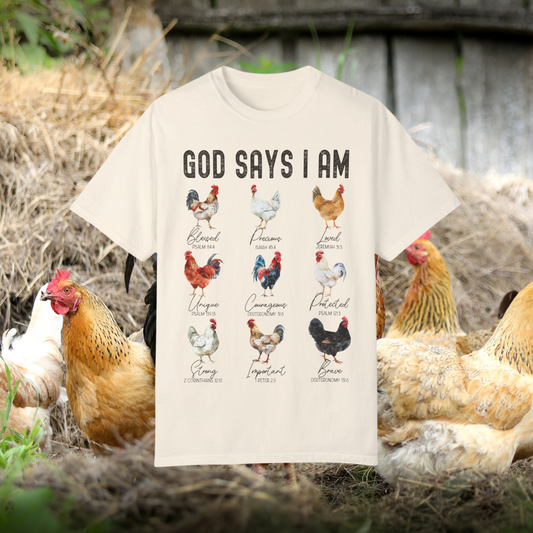 God Says I Am Chicken T-Shirt, Christian Farm Tee, Bible Verse Shirt, Inspirational Faith Shirt, Unique Rooster Design Tee, Religious Graphic Tee