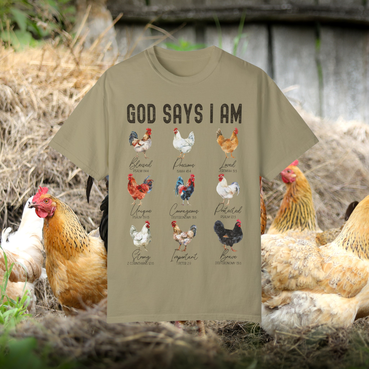 God Says I Am Chicken T-Shirt, Christian Farm Tee, Bible Verse Shirt, Inspirational Faith Shirt, Unique Rooster Design Tee, Religious Graphic Tee