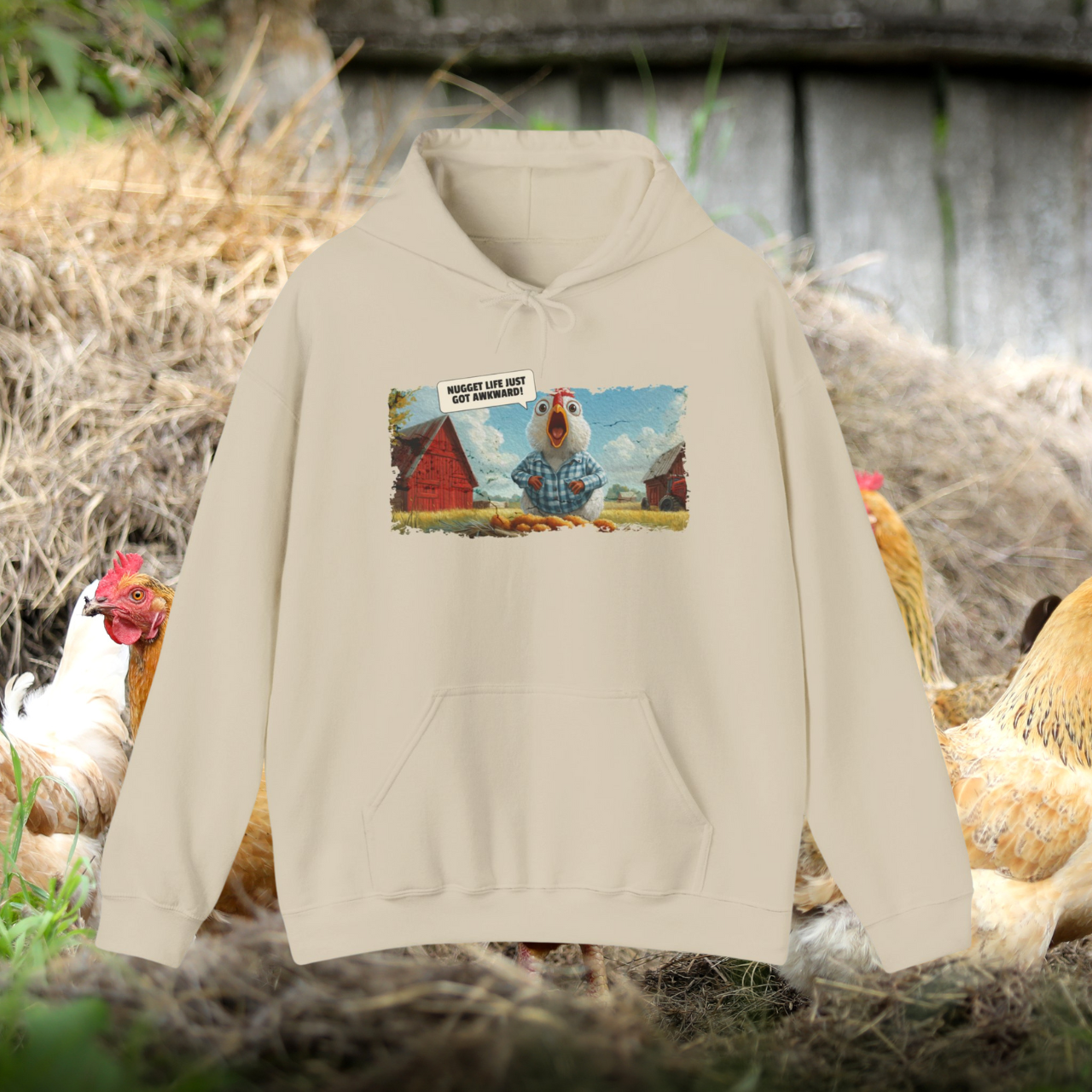 Funny Chicken Hoodie, 'Nugget Life Just Got Awkward' Sweatshirt, Farmhouse Humor Gift, Poultry Lover Hoodie, Quirky Barnyard Design Hooded Sweatshirt