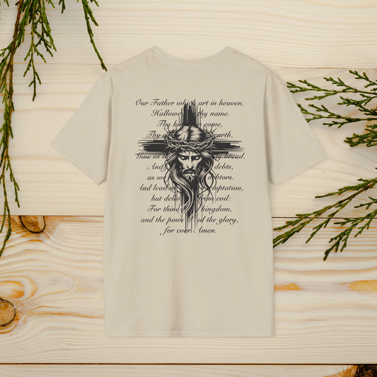 The Lord's Prayer T-Shirt features a striking Jesus design with the full text of the prayer, combining faith and style. A wearable reminder of devotion and spirituality, perfect for any occasion.