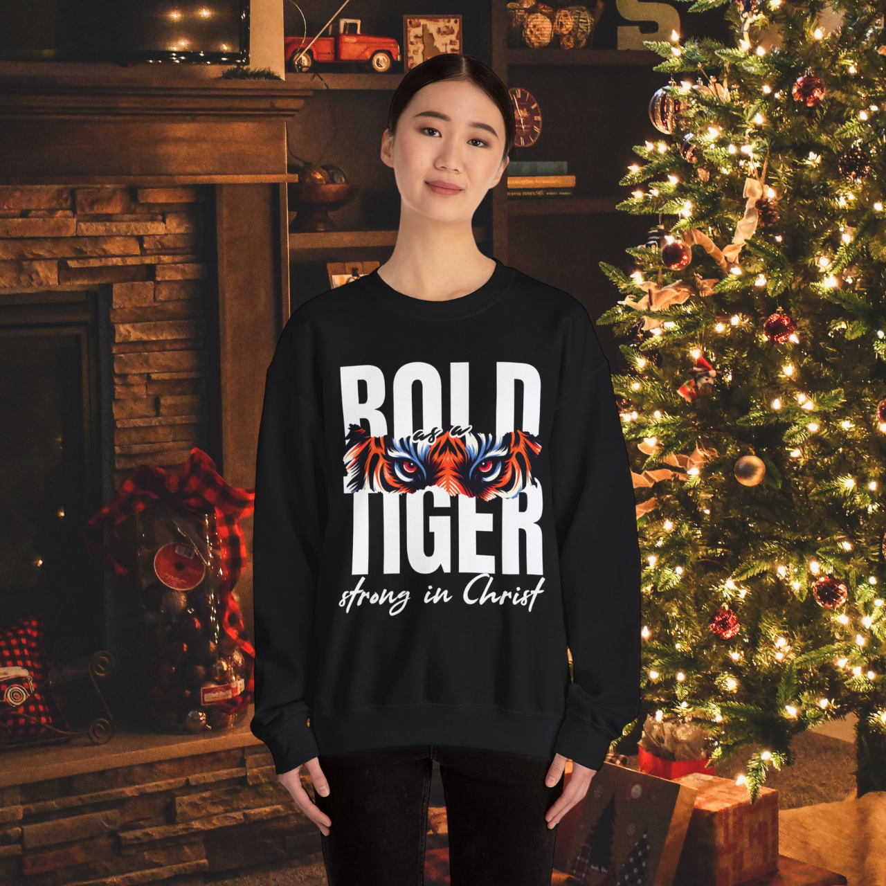 Bold as a Tiger Strong in Christ Sweatshirt - Christian Faith-Based Crewneck - Inspirational Religious Apparel