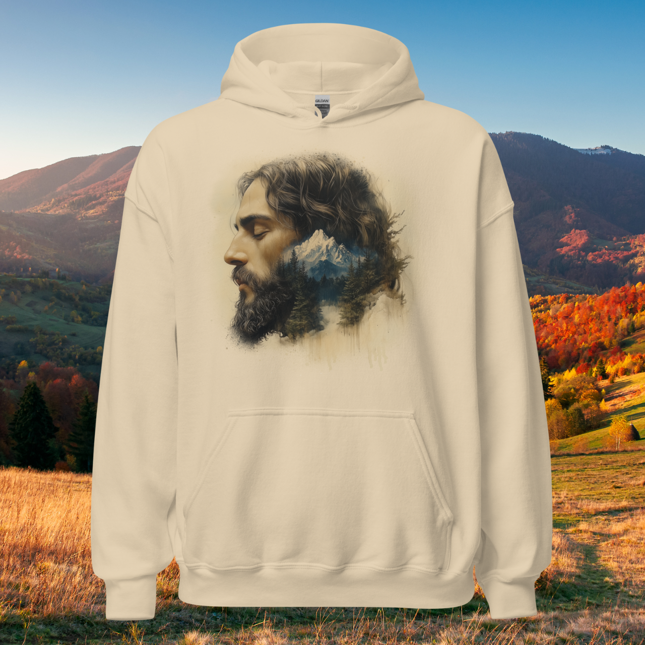 Jesus Mountain Reflection Hoodie, Christian Faith Sweatshirt, Watercolor Art, Nature and Spirituality Gift, Religious Apparel Hooded Sweatshirt