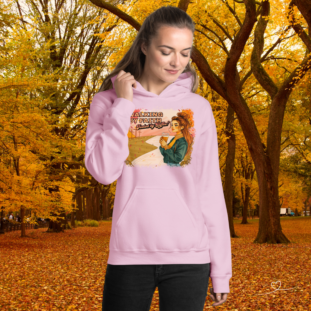 Walking by Faith Hoodie: Stay warm and inspired with this faith-filled design, fueled by coffee and perfect for fall! A stylish way to express your love for faith and caffeine. Hooded Sweatshirt