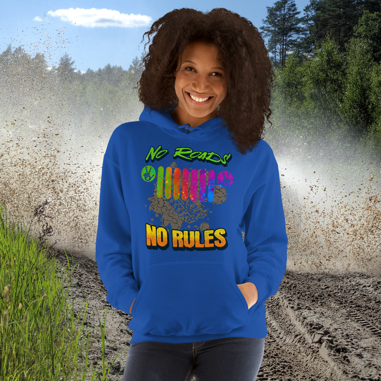 No Roads No Rules Hoodie - Off-Road Adventure Sweatshirt - Colorful Tire Track Design for Outdoor Enthusiasts