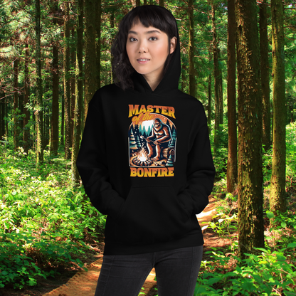 Master of the Bonfire Hoodie, Bigfoot Camping Sweatshirt, Cozy Outdoor Adventure Pullover, Sasquatch Campfire Design, Forest Lover Gift Hooded Sweatshirt