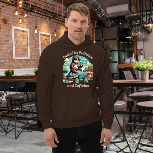 Fueled by Patience and Caffeine Hoodie, Funny Sloth and Turtle Coffee Graphic Pullover, Comfy and Humorous Sweatshirt for Coffee Lovers Hooded Sweatshirt