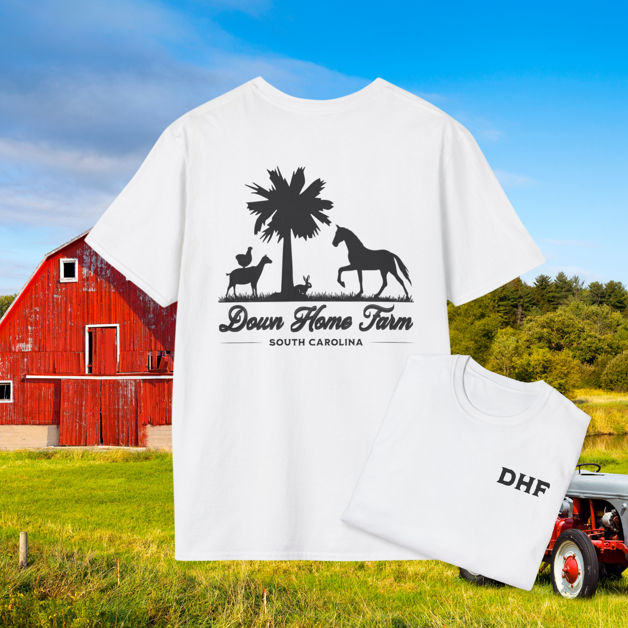 Down Home Farm South Carolina T-Shirt, Rustic Farm Logo Tee, Palmetto Tree and Animal Silhouette Design, Country Life Apparel, DHF Shirt