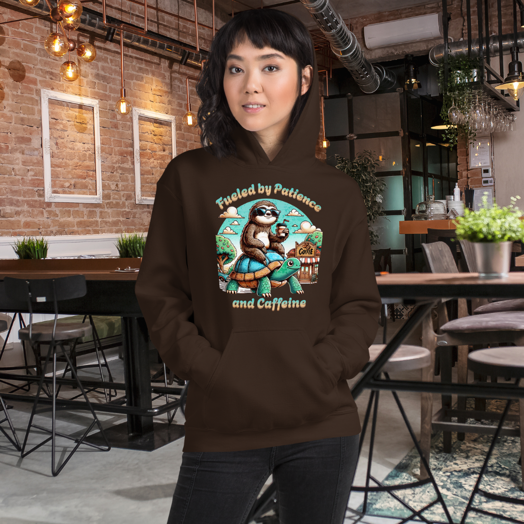 Fueled by Patience and Caffeine Hoodie, Funny Sloth and Turtle Coffee Graphic Pullover, Comfy and Humorous Sweatshirt for Coffee Lovers Hooded Sweatshirt