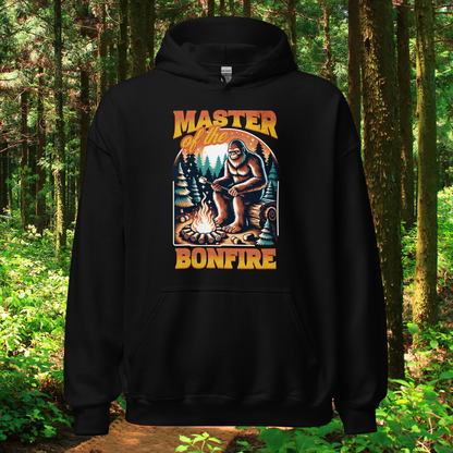 Master of the Bonfire Hoodie, Bigfoot Camping Sweatshirt, Cozy Outdoor Adventure Pullover, Sasquatch Campfire Design, Forest Lover Gift Hooded Sweatshirt