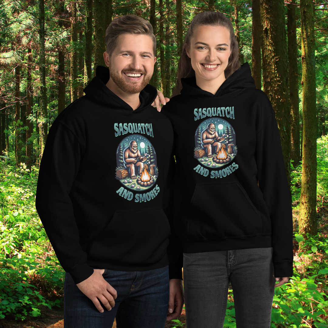 Sasquatch and S'mores Hoodie, Bigfoot Campfire Sweatshirt, Funny Outdoor Camping Apparel, Nature Lover's Gift, Cozy Campfire Hooded Sweatshirt