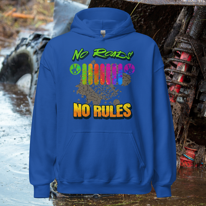 No Roads No Rules Hoodie - Off-Road Adventure Sweatshirt - Colorful Tire Track Design for Outdoor Enthusiasts