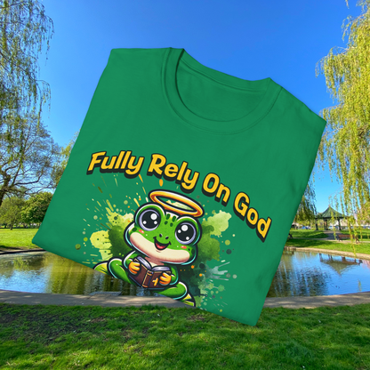 Fully Rely On God T-Shirt, F.R.O.G. Christian Graphic Tee, Cute Frog Faith-Inspired Shirt, Inspirational Religious Apparel