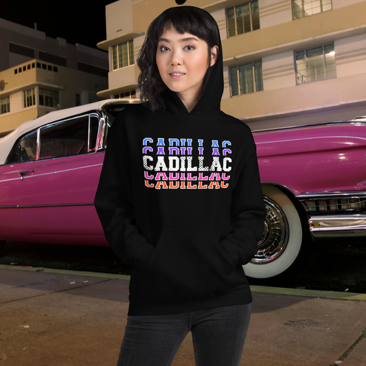 Vintage Cadillac Hoodie, Retro Automotive Graphic Sweatshirt, Classic Car Lover's Pullover, Stylish Urban Apparel Hooded Sweatshirt