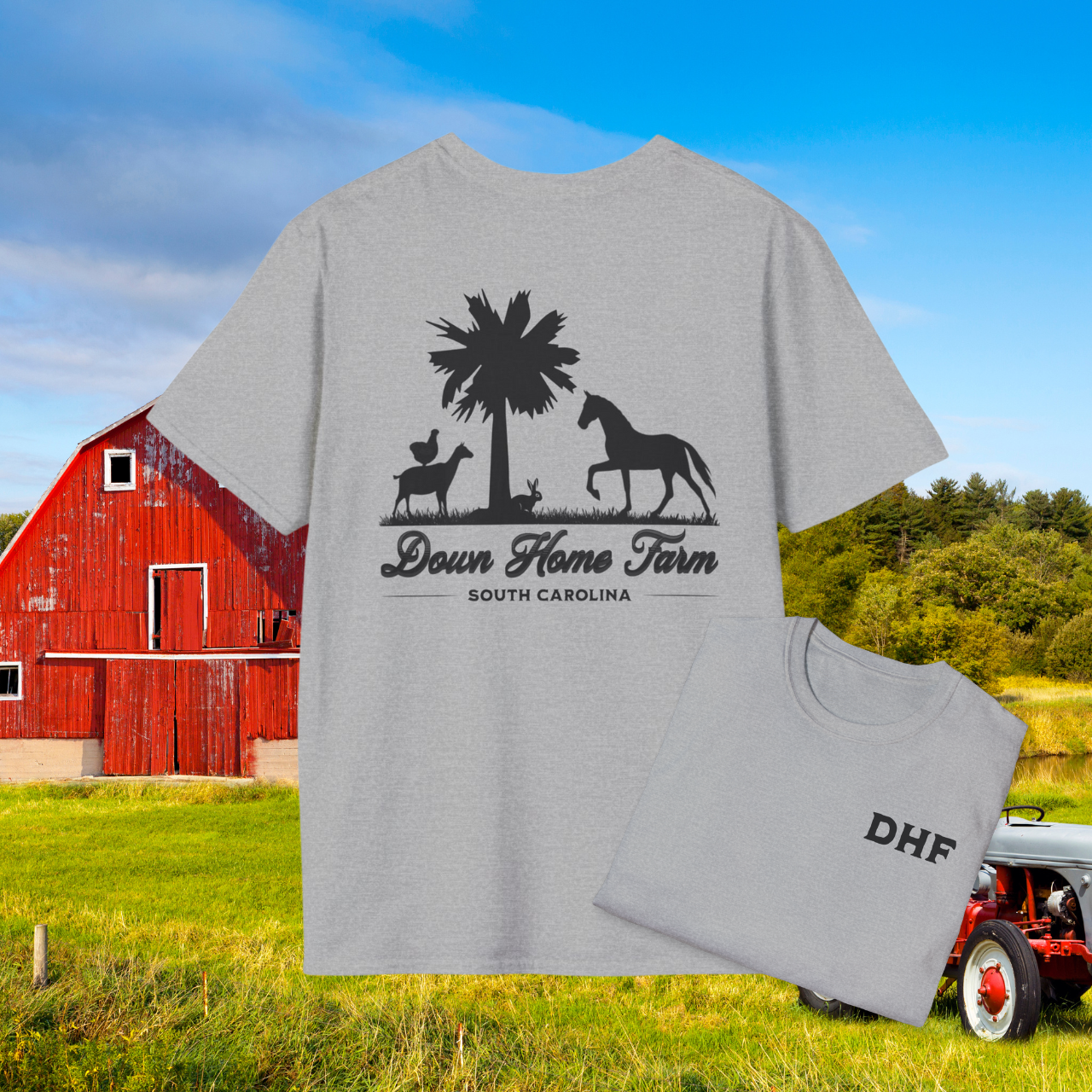 Down Home Farm South Carolina T-Shirt, Rustic Farm Logo Tee, Palmetto Tree and Animal Silhouette Design, Country Life Apparel, DHF Shirt